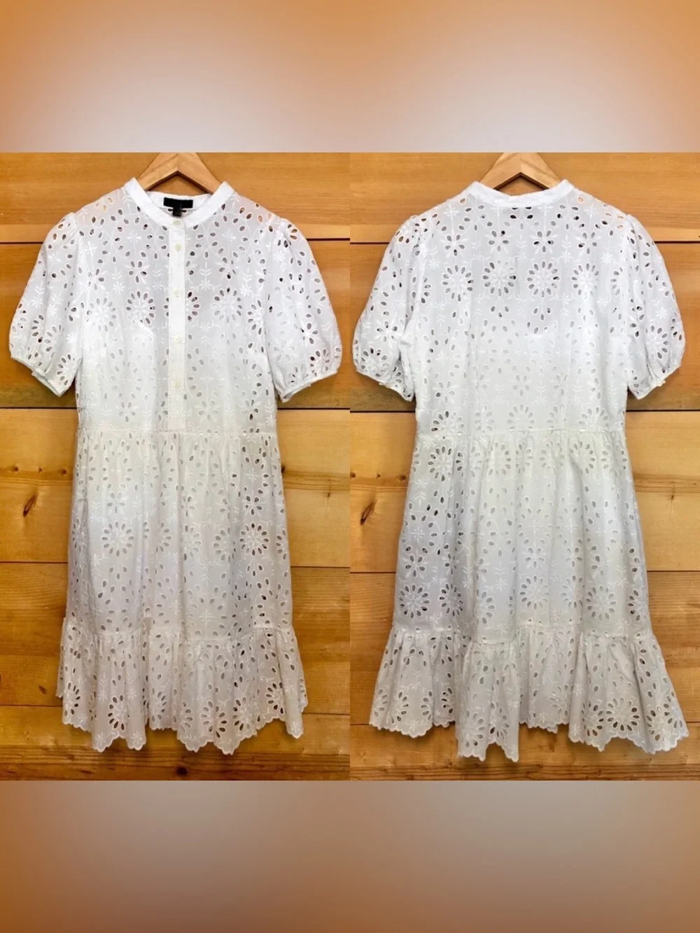 NWOT J crew puff sleeve eyelet dress white with pockets. Size 10.